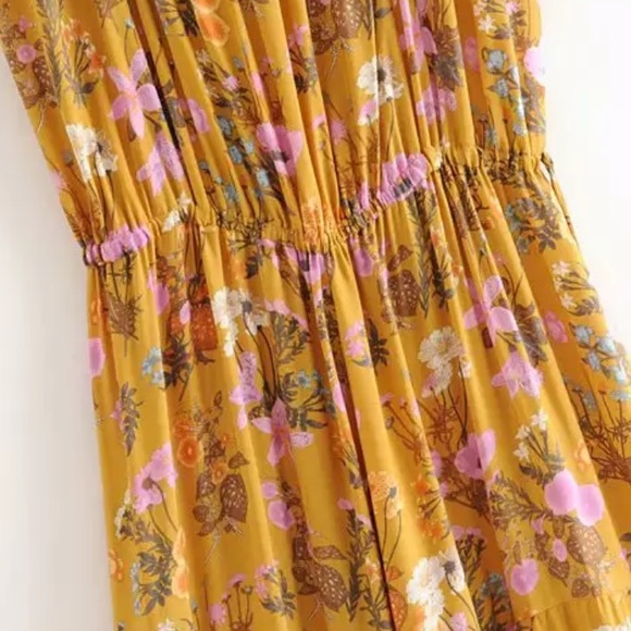 Boho 60’s Floral Gypsy Print Maxi Dress Yellow 70s - Picture 7 of 9